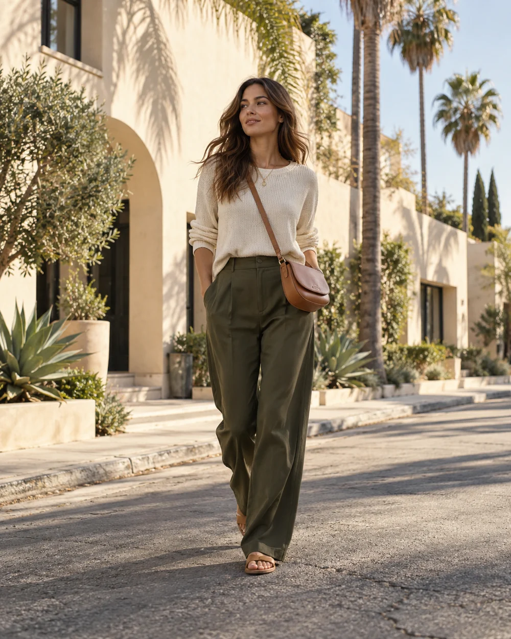 Generated fashion concept: a woman in a cream knit top and olive trousers on a Los Angeles street